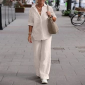 Rahat ve Günlük Keten Ekru İkili Takım Alt Üst - 1