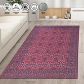 Modern Klasik Afgan desenli Kırmızı Siyah Halı Kaymaz Taban Makinada Yıkanabilir - 1