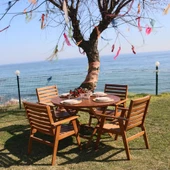 Heybeli Ahşap Bahçe Balkon Sandalyesi Kolçaklı, Düğmeli Minderli - 3