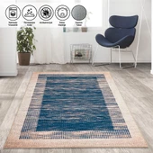 Modern Hasır Bordür desenli Mavi Krem Halı Kaymaz Taban Makinada Yıkanabilir - 1