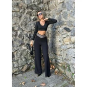 Lucky Life Kadın Belde Kruvaze Ve Ribana Detay Ispanyol Paça Ithal Krep Pantolon thumbnail 5