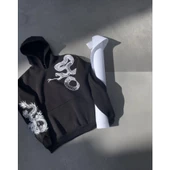 Uzun Kol Kapşonlu Baskılı SweatShirt - Siyah - 1