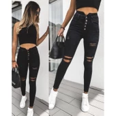 Lucky Life Kadın 5 Düğmeli V Detay Bel Yırtık Kot Pantolon - 1