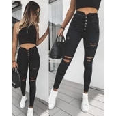 Lucky Life Kadın 5 Düğmeli V Detay Bel Yırtık Kot Pantolon - 2