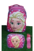 Furkan Mavi Kabartmalı Elsa Frozen Okul Çantası 3 Gözlü Beslenme suluk Hediyeli thumbnail 1