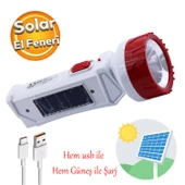 Şarjlı Solar Güneş Enerjili 2 Ledli El Feneri Usb Şarj Kamp Avcı Lambası Gece Lamba - 1