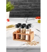 Ahşap Standlı 6'lı Cam Baharatlık Seti - Tuzluk Biberlik Baharatlık - 2