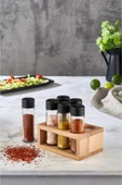 Ahşap Standlı 6'lı Cam Baharatlık Seti - Tuzluk Biberlik Baharatlık - 1