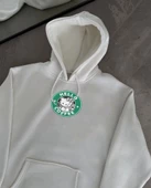 Üç İplik Penye Uzun Kol Kapşonlu SweatShirt - Beyaz - 1
