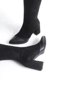 Across Siyah Süet Kalın Topuklu Sivri Burun Çizme - 4