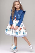 Kız Çocuk Omzu İnci Boncuk Detaylı Denim Ceket ve Desenli Beyaz Elbise thumbnail 1