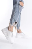 Kadın Hakiki Deri Kalın Tabanlı Sneaker Önü Tırtık Detaylı Bağcıklı Günlük Spor Ayakkabı - 1