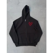 Üç İplik Baskılı Fermuarlı Kapşonlu Hırka - Siyah - 1