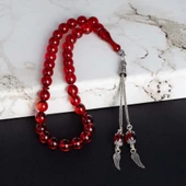 Gümüş Pazarım Gümüş Püsküllü Yuvarlak Kesim Ateş Kehribar Tesbih Kırmızı Taşlı - 1