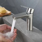 INOX LAVABO BATARYASI MAT GRİ PASLANMAZ GARANTİLİ MUSLUK PRİNÇ AÇ KAPA ERGONOMİK - 1