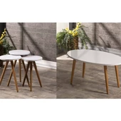 Zigon Sehpa Ve Orta Sehpa Set Ahşap Torna Elips Beyaz thumbnail 1