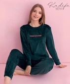 Pijamerry Kadın Kışlık Bisiklet Yaka Kadife Pijama Takımı 3026Y - 1 Adet  XL Yeşil - 2