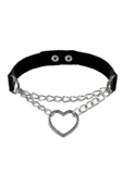 Siyah Deri Tasma Kalp Zincirli 37 Cm Choker Çıt Çıtlı Kadın Kolye - 1