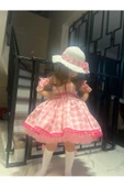 Kız Çocuk Pembe Ekose Desenli Elbise, Kız Çocuk Kabarık Pembe Elbise Şapka Çanta Çorap Takım - 3