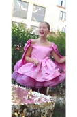 Kız Çocuk Pembe Kabarık Elbise, Pembe Grenli Saten Elbise - 1