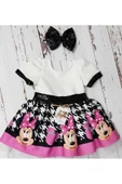 Kız Çocuk Pembe Beyaz Mickey Mouse Kaz Ayağı Desenli Payet Detaylı Tüllü Elbise - 3