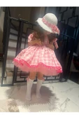 Kız Çocuk Pembe Ekose Desenli Elbise, Kız Çocuk Kabarık Pembe Elbise Şapka Çanta Çorap Takım - 4