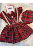 Kız Çocuk Dantelli Kırmızı Ekose Elbise Şapka Toka Set , Ekose Salopet Takım - 2