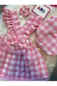 Kız Çocuk Pembe Kareli Salopet Şapka Klips Toka Set, Kız Çocuk Barbie Salopet - 1