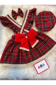 Kız Çocuk Dantelli Kırmızı Ekose Elbise Şapka Toka Set , Ekose Salopet Takım - 8