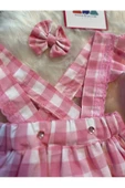 Kız Çocuk Pembe Kareli Salopet Şapka Klips Toka Set, Kız Çocuk Barbie Salopet - 7