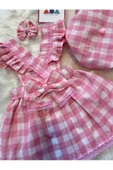 Kız Çocuk Pembe Kareli Salopet Şapka Klips Toka Set, Kız Çocuk Barbie Salopet - 3