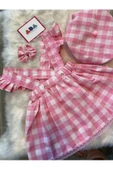 Kız Çocuk Pembe Kareli Salopet Şapka Klips Toka Set, Kız Çocuk Barbie Salopet - 2
