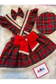 Kız Çocuk Dantelli Kırmızı Ekose Elbise Şapka Toka Set , Ekose Salopet Takım - 1