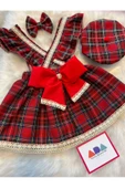 Kız Çocuk Dantelli Kırmızı Ekose Elbise Şapka Toka Set , Ekose Salopet Takım - 7