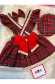 Kız Çocuk Dantelli Kırmızı Ekose Elbise Şapka Toka Set , Ekose Salopet Takım - 6