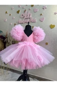 Kız çocuk pembe tüllü çok kabarık kolları balon abiye elbise - 4