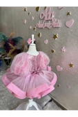 Kız çocuk pembe payetli çok kabarık grenli balon kol abiye elbise - 5