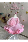 Kız çocuk pembe payetli çok kabarık grenli balon kol abiye elbise - 4