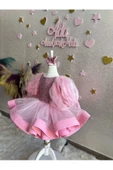 Kız çocuk pembe payetli çok kabarık grenli balon kol abiye elbise - 6