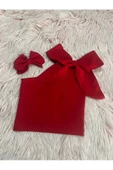 Kız Çocuk Tek Omuz Fiyonk Detaylı Kırmızı Yazlık Crop Bluz Ve Tokası - 3