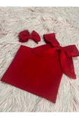 Kız Çocuk Tek Omuz Fiyonk Detaylı Kırmızı Yazlık Crop Bluz Ve Tokası - 1