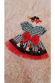Kareli Mickey Mouse Baskılı Kırmızı Tüllü Kabarık Elbise - 1