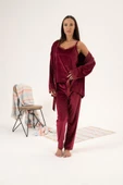 Estiva 3'lü İp Askılı Sabahlıklı Kadife Bayan Pijama Takım - 12