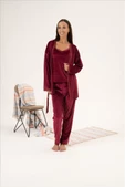 Estiva 3'lü İp Askılı Sabahlıklı Kadife Bayan Pijama Takım - 11