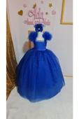 Kız Çocuk Saks Mavisi Tüllü Kabarık Özel Tasarım Prenses Elbisesi - 3