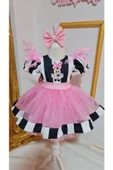 Kız Çocuk Siyah Beyaz Çizgili Minnie Miki Mouse Detaylı Tüllü Kabarık Elbise - 1