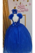 Kız Çocuk Saks Mavisi Tüllü Kabarık Özel Tasarım Prenses Elbisesi - 2