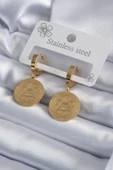 316L Çelik Gold Renk Pentagram İşleme Model Kadın Küpe - TJ-BKP7975 - 1