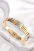 316L Çelik Zirkon Taşlı Gold Renk Kadın Kelepçe Bilezik - TJ-BB6024 - 1