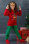 Kız Erkek Merry Christmas ve Geyik Baskılı Yeni Yıl Kırmızı Eşofman Takım - 7